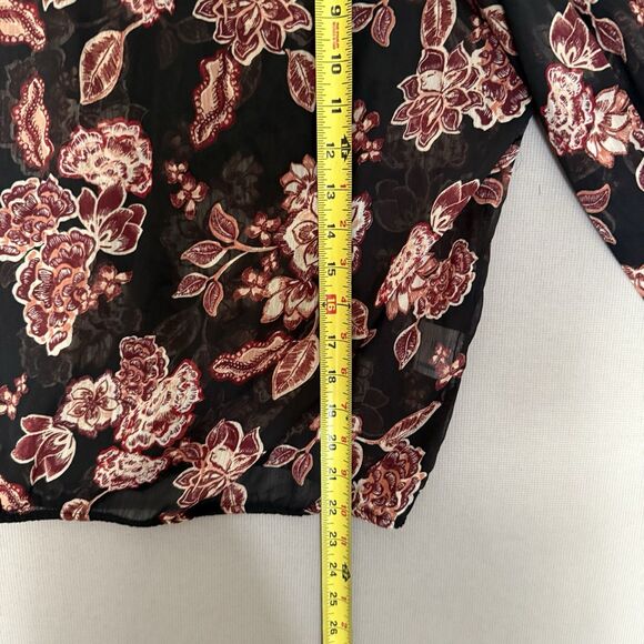 NY&Co Sheer Floral Blouse Medium Front Back Tie Neck  Fall Tones Ruched Sleeves - Picture 7 of 15